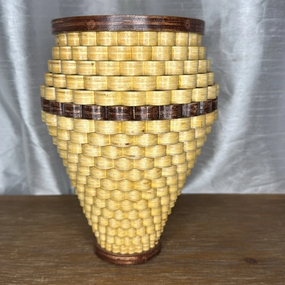 Handcrafted 9” Wooden Tornado Basket Vase Scalloped 2012 Signed Glazed